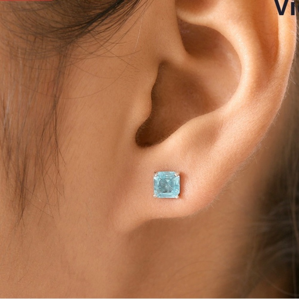 10K White Gold Asscher Cut Premium Madagascar Apatite Solitaire Stud Earrings